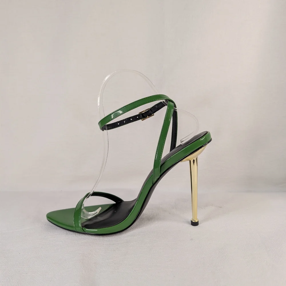 I AM FEMME Emerald Green Patent Stiletto Sandals Gold Heel Motivational Sole 8.5